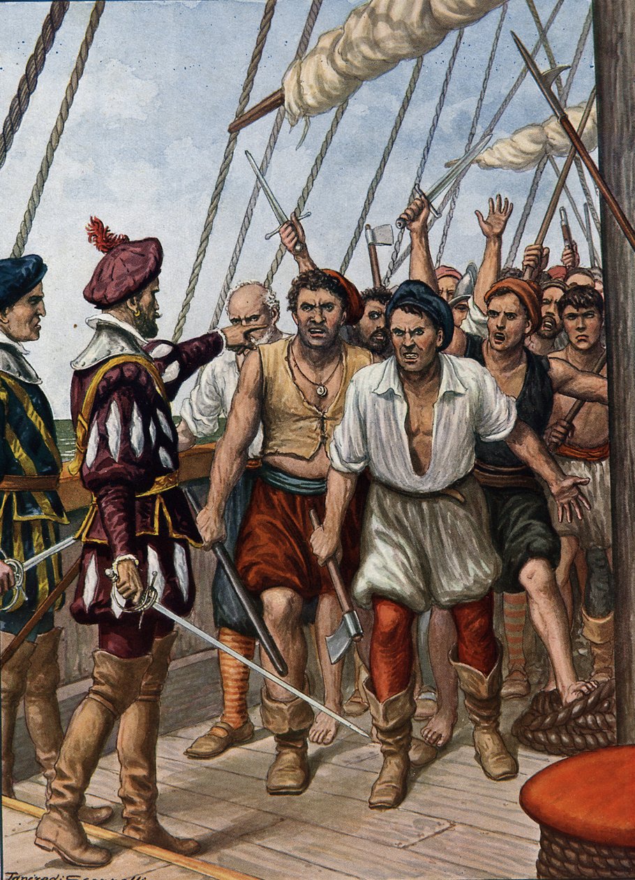 Die Meuterei der Besatzung der portugiesischen Flor de La Mar gegen ihren General Afonso de Albuquerque um 1511, Illustration aus "Geschichte der Navigatoren", 1936 von Tancredi Scarpelli