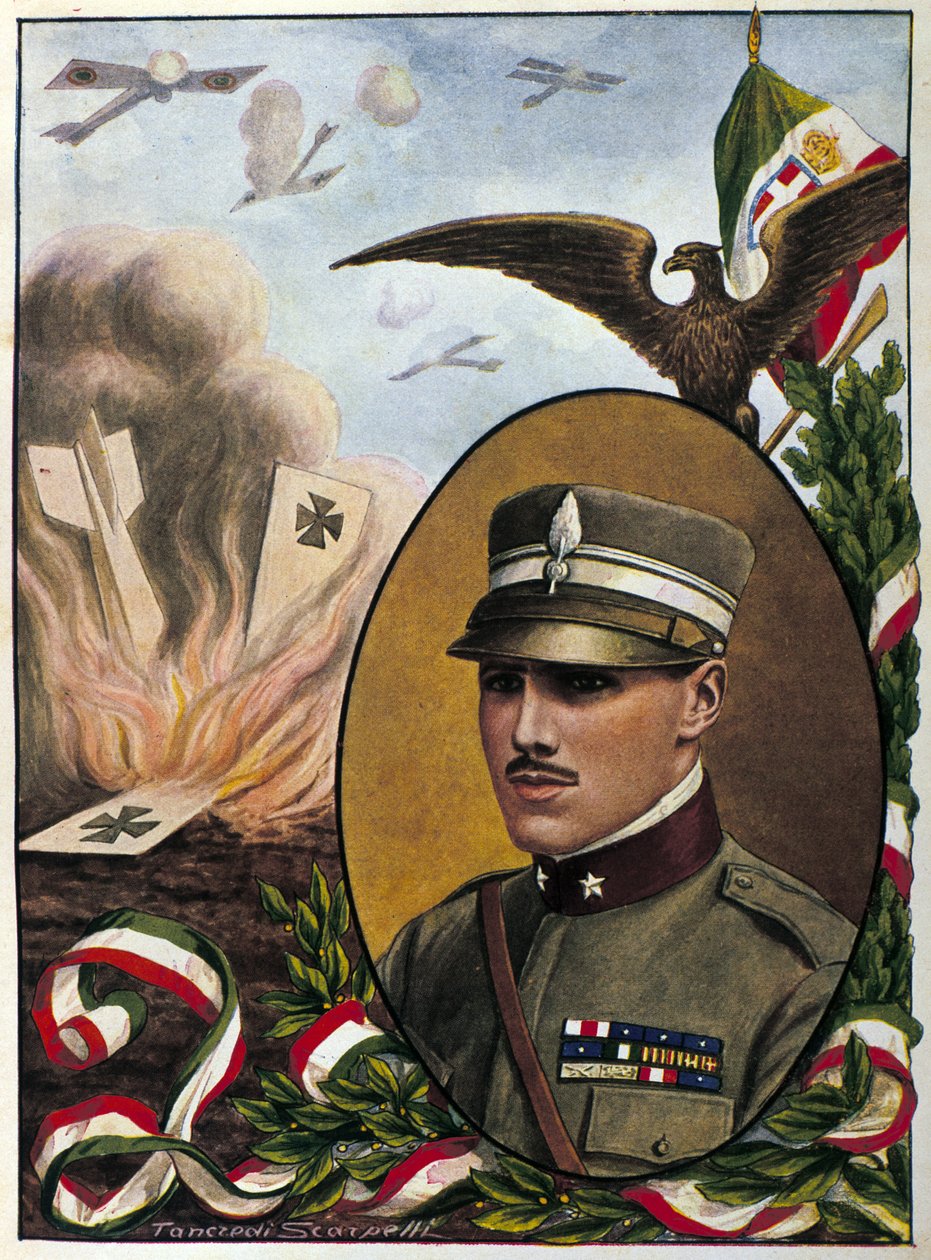 Allegorie über Major Francesco Baracca (1888-1918), Held der italienischen Luftwaffe, der 1918 im Kampf starb. Zeichnung von Tancredi Scarpelli. Mailand von Tancredi Scarpelli