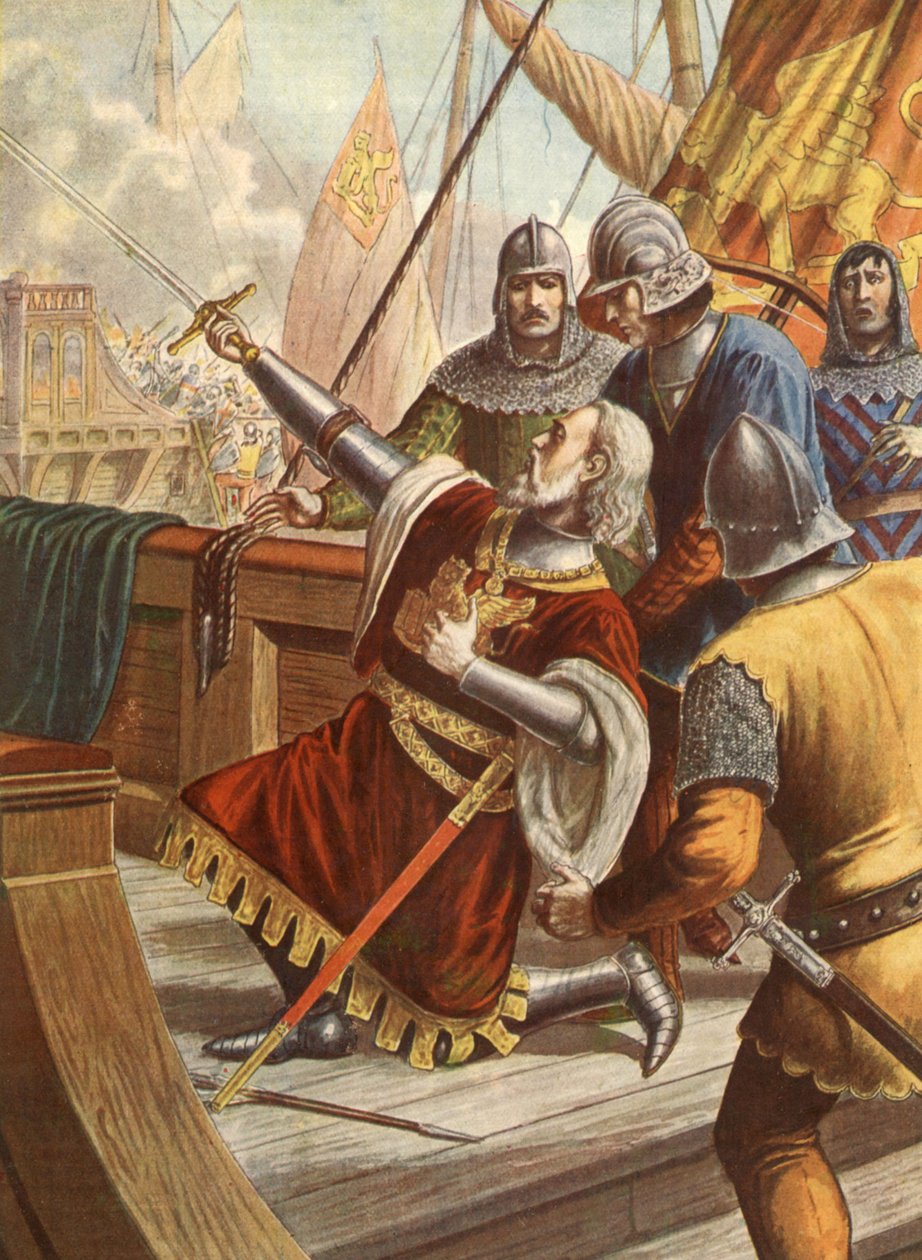 Italienischer Admiral Luciano Doria, getötet 1379 im Krieg zwischen Genua und Venedig, Illustration, 30er Jahre von Tancredi Scarpelli