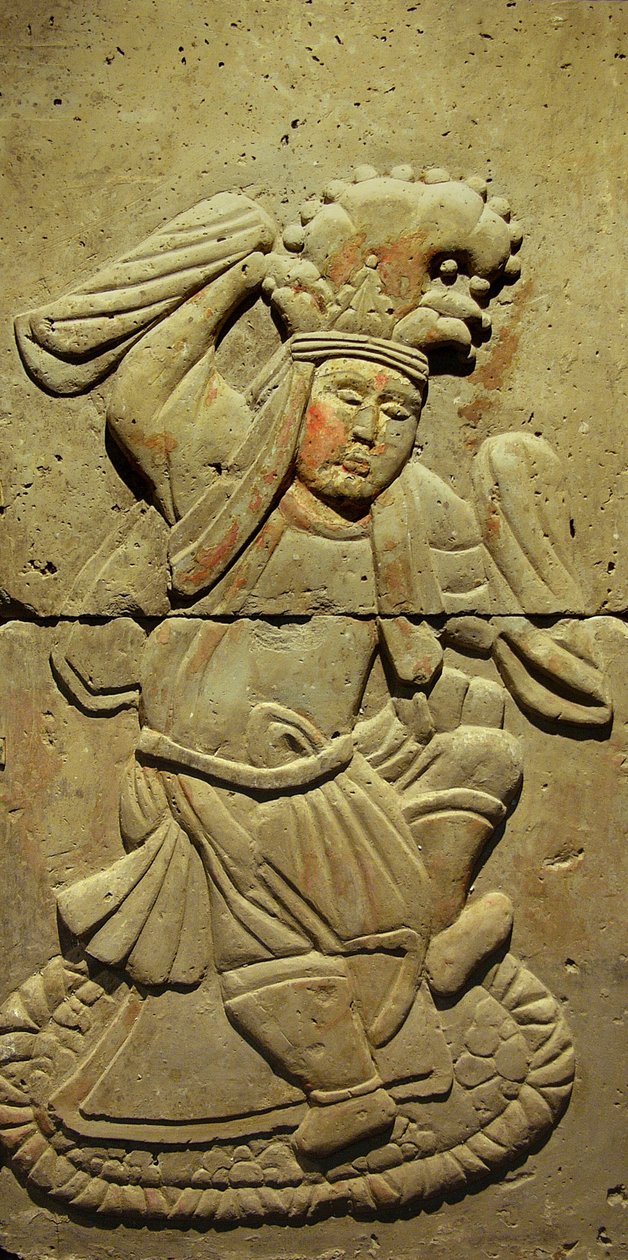 Terrakotta-Stele mit Tänzerin, Tang-Dynastie (618-907), entdeckt in der Provinz Shaanxi, Stelenwald-Museum in Xian. Fotografie, Leonard de Selva, China, 2006. von Tang Dynasty Chinese School