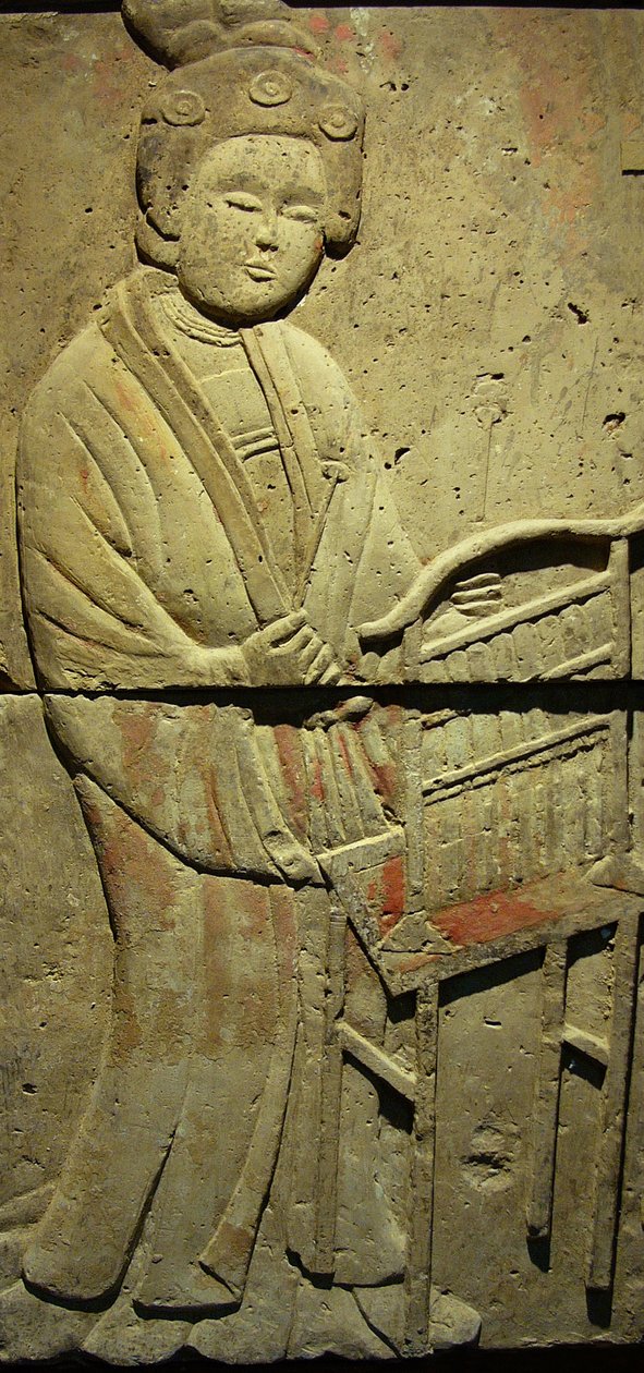 Terrakotta-Stele mit Musiker, Tang-Dynastie (618-907), entdeckt in der Provinz Shaanxi, Stelenwald-Museum in Xian. Fotografie, Leonard de Selva, China, 2006 von Tang Dynasty Chinese School