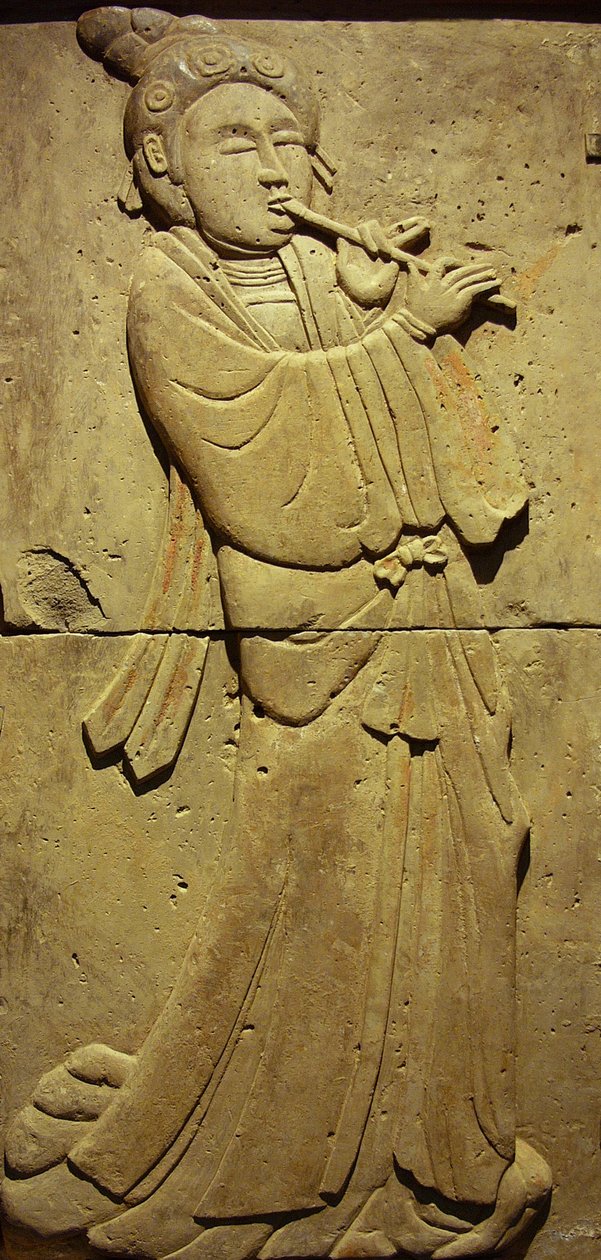 Terrakotta-Stele mit Musiker, Tang-Dynastie (618-907), entdeckt in der Provinz Shaanxi, Stelenwald-Museum in Xian. Fotografie, Leonard de Selva, China, 2006 von Tang Dynasty Chinese School