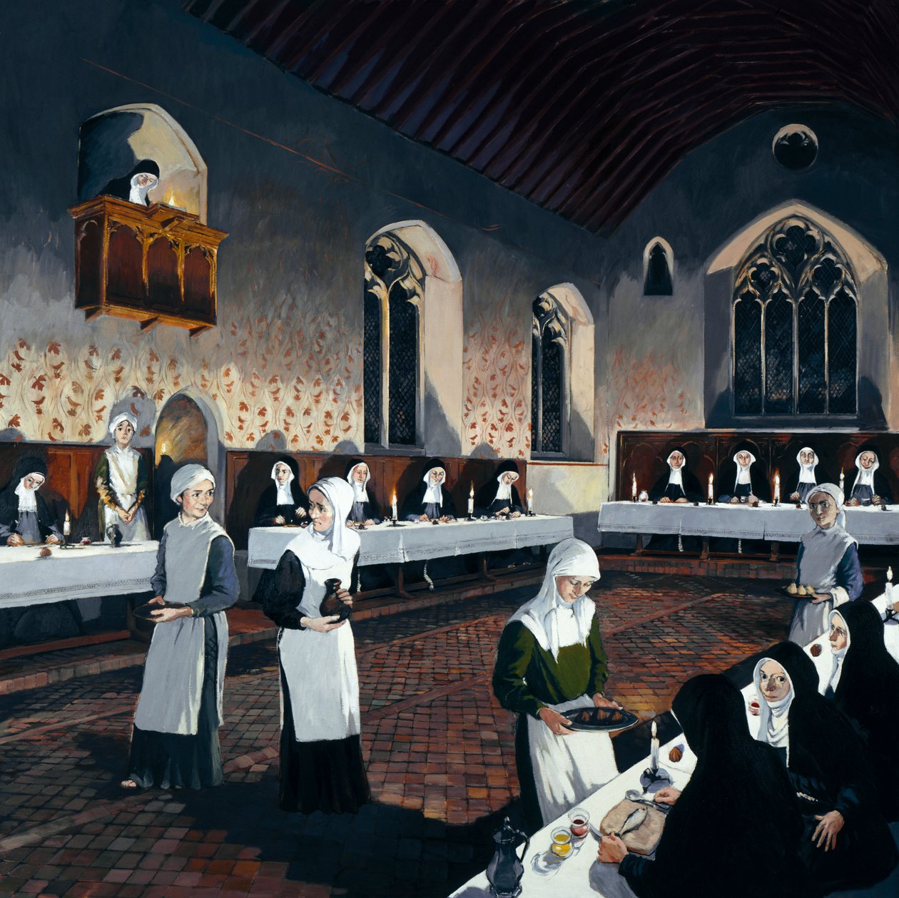 Rekonstruktion des Refektoriums im 15. Jahrhundert, Denny Abbey, Cambridgeshire, 1993 von Terry Ball