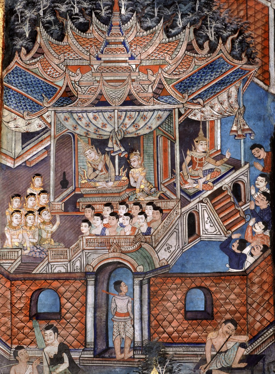 Detail der Wandmalereien von Viharn Laikam, die die Sang Thong Geschichten darstellen von Thai School