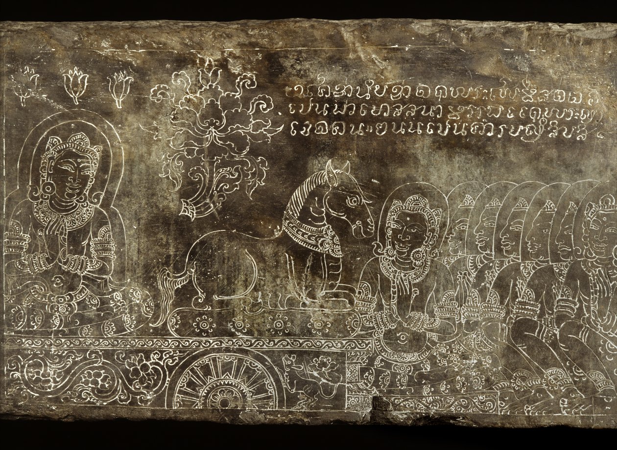 Gravierte Steinplatte, die die Bhojajania Jataka-Geschichte darstellt, aus Wat Si Chum, Sukhothai, 14.-15. Jahrhundert von Thai School