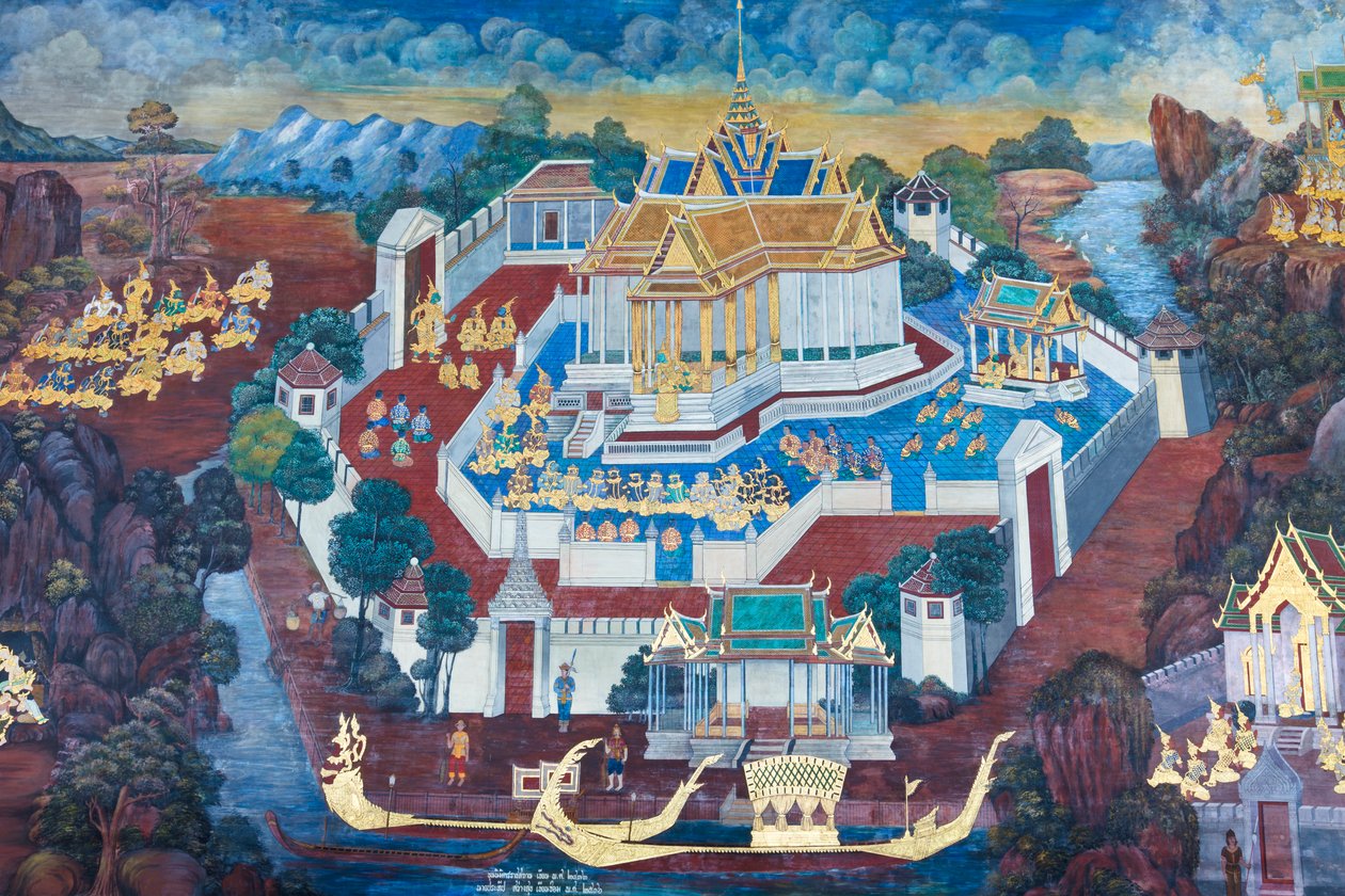 Wandgemälde mit Szenen aus dem Ramayana im Wat Phra Kaeo, dem Königlichen Großen Palast, Bangkok, Thailand von Thai School