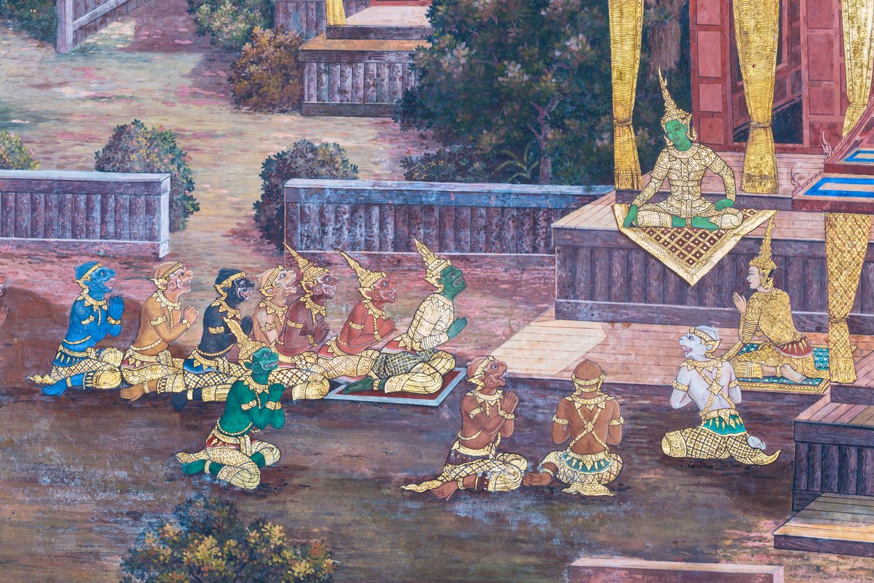 Wandgemälde mit Szenen aus dem Ramayana im Wat Phra Kaeo, dem Königlichen Großen Palast, Bangkok, Thailand von Thai School
