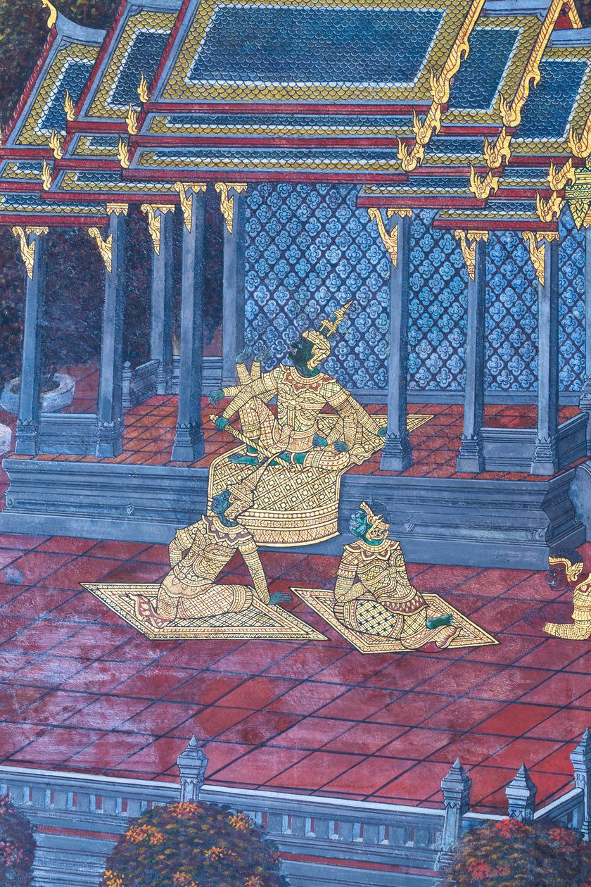 Wandgemälde mit Szenen aus dem Ramayana im Wat Phra Kaeo, dem Königlichen Großen Palast, Bangkok, Thailand von Thai School