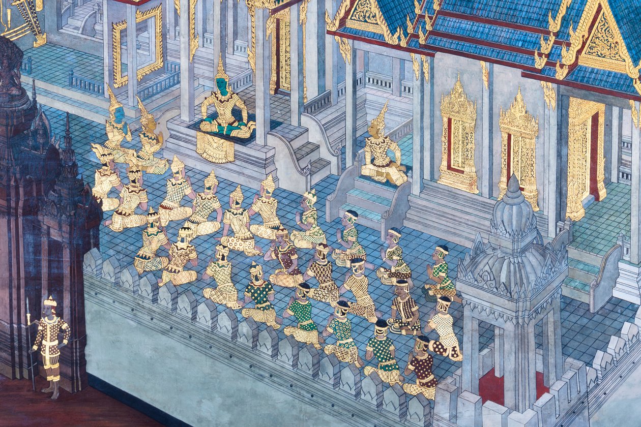 Wandgemälde mit Szenen aus dem Ramayana im Wat Phra Kaeo, dem Königlichen Großen Palast, Bangkok, Thailand von Thai School