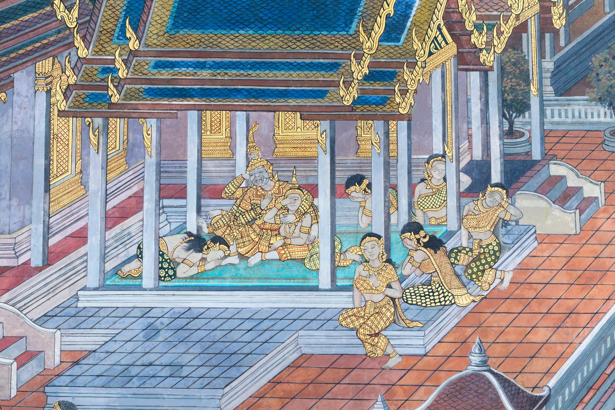 Wandbild mit Szenen aus dem Ramayana im Wat Phra Kaeo, dem Königlichen Großen Palast, Bangkok, Thailand von Thai School