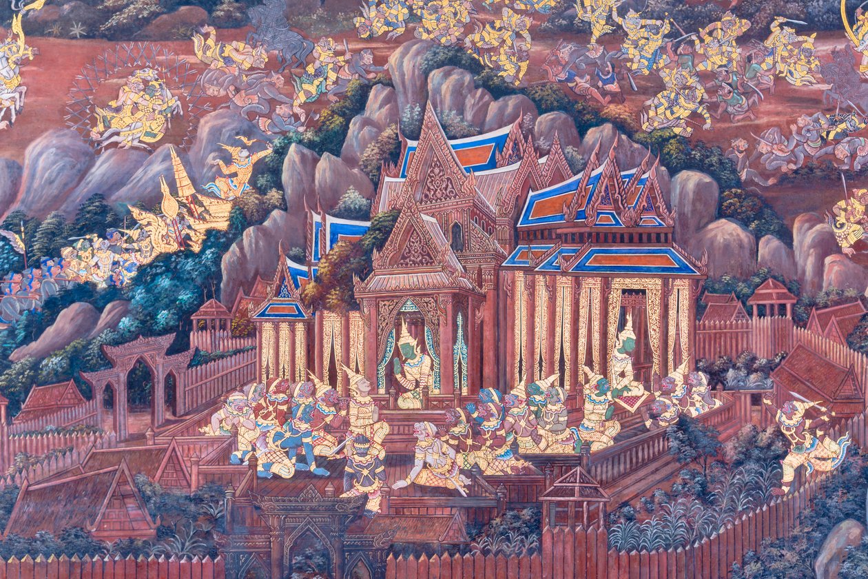 Wandgemälde mit Szenen aus dem Ramayana im Wat Phra Kaeo, dem Königspalast, Bangkok, Thailand von Thai School