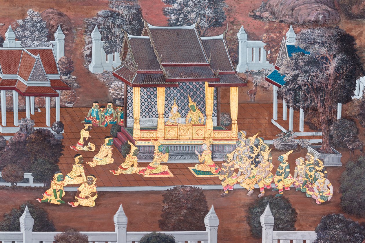 Wandgemälde mit Szenen aus dem Ramayana im Wat Phra Kaeo, dem Königspalast, Bangkok, Thailand von Thai School