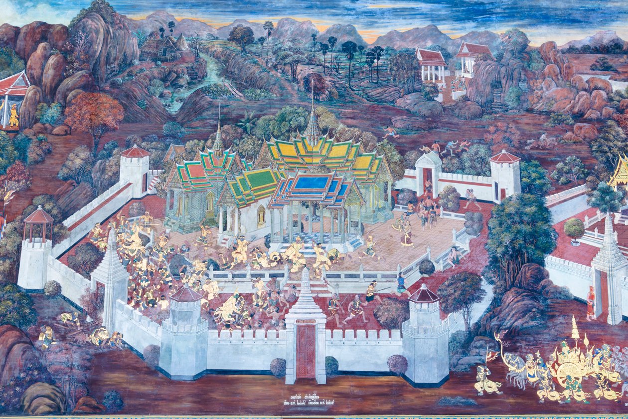 Wandmalerei, die Szenen aus dem Ramayana im Wat Phra Kaeo, dem Königlichen Großen Palast, Bangkok, Thailand, darstellt von Thai School