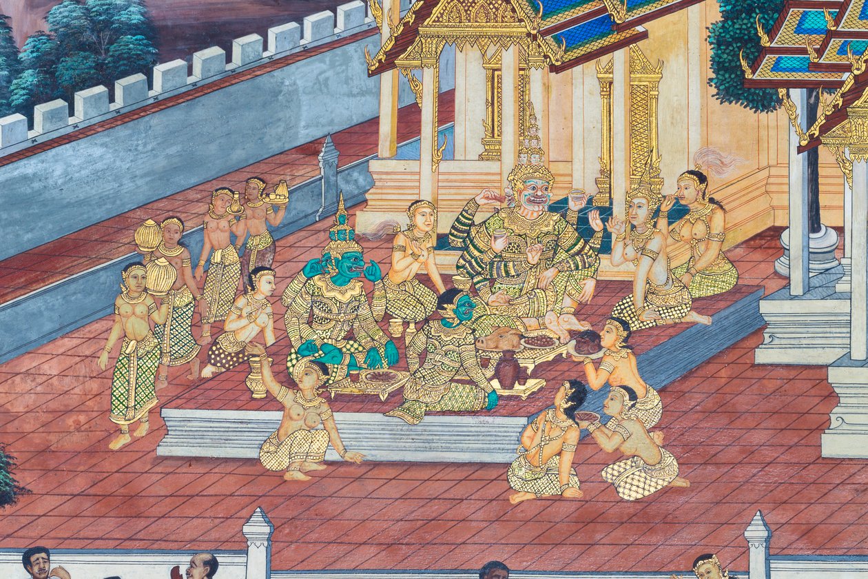 Wandmalerei, die Szenen aus dem Ramayana im Wat Phra Kaeo, dem Königlichen Großen Palast, Bangkok, Thailand, darstellt von Thai School