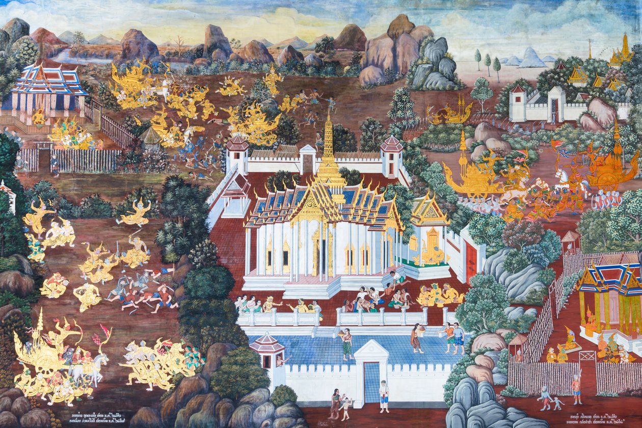 Wandgemälde mit Szenen aus dem Ramayana im Wat Phra Kaeo, Königspalast, Bangkok, Thailand von Thai School