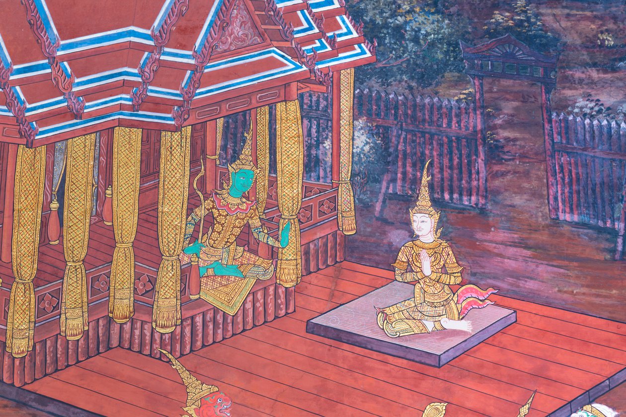 Wandgemälde mit Szenen aus dem Ramayana im Wat Phra Kaeo, Königspalast, Bangkok, Thailand von Thai School