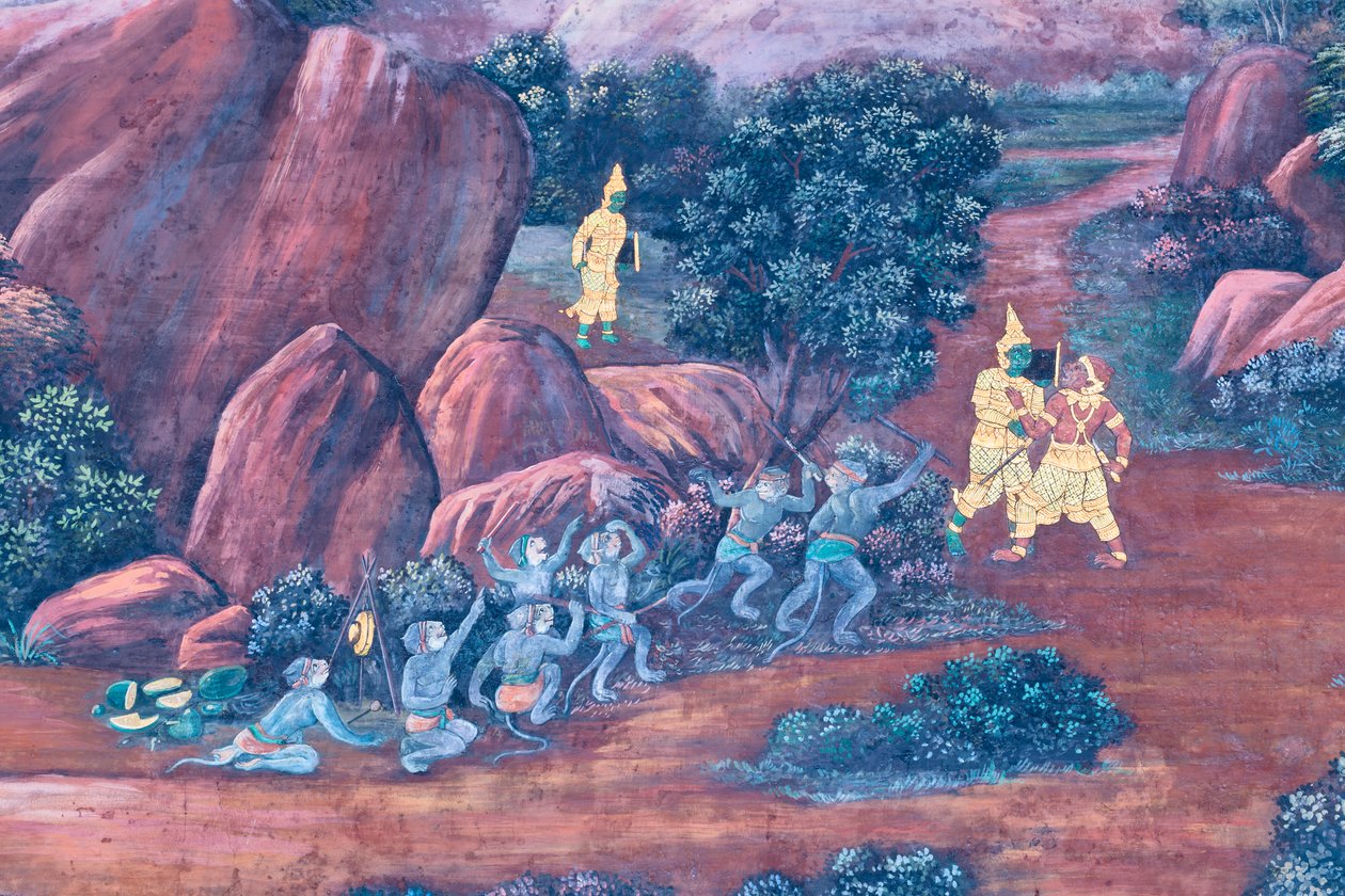Wandgemälde mit Szenen aus dem Ramayana im Wat Phra Kaeo, Königspalast, Bangkok, Thailand von Thai School