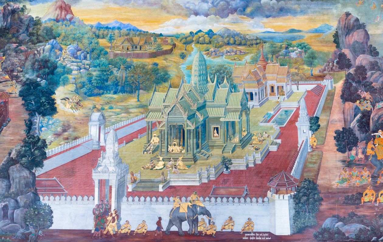 Wandgemälde mit Szenen aus dem Ramayana im Wat Phra Kaeo, dem Königlichen Großen Palast, Bangkok, Thailand von Thai School