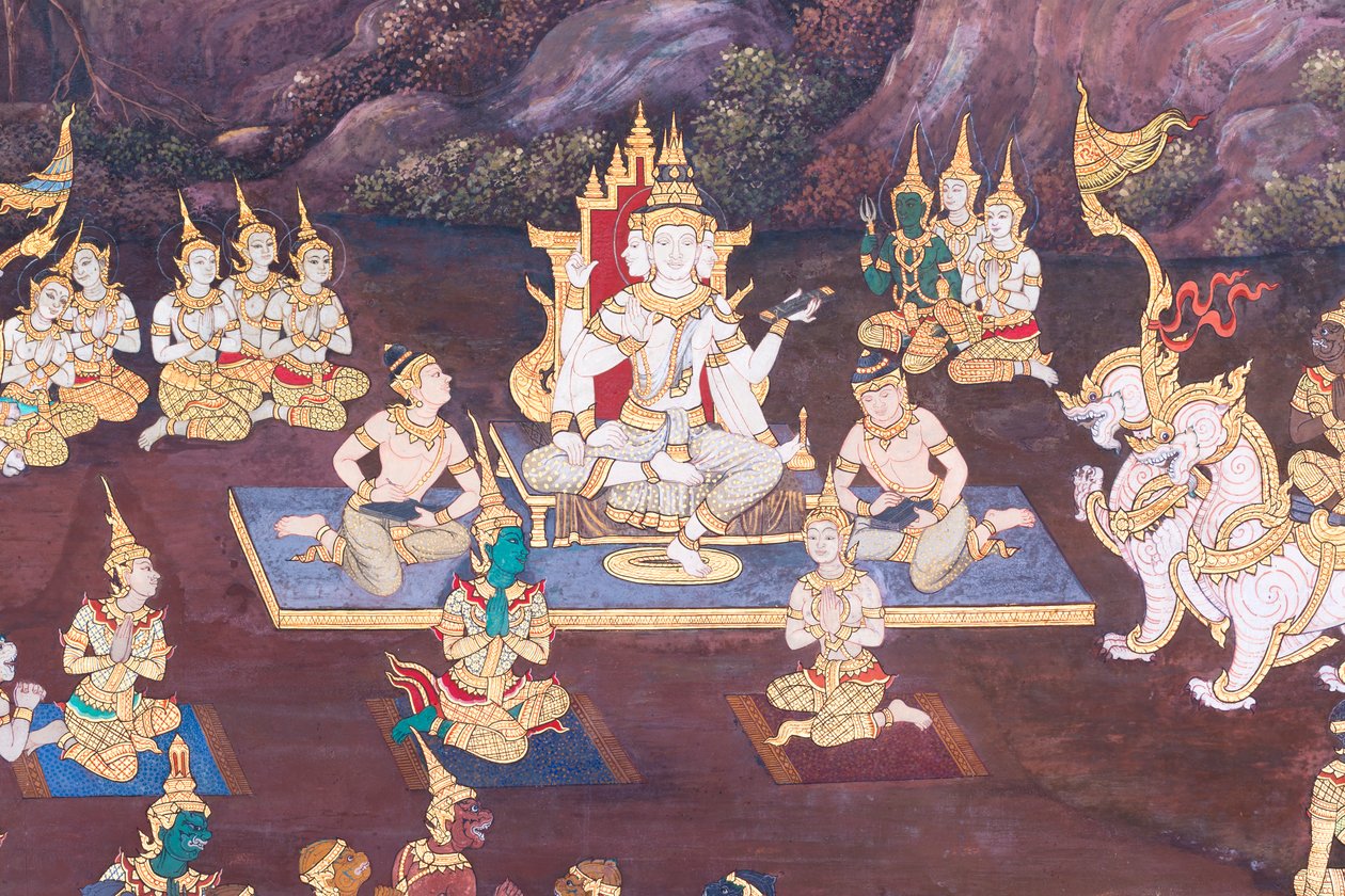 Wandgemälde mit Szenen aus dem Ramayana im Wat Phra Kaeo, dem Königlichen Großen Palast, Bangkok, Thailand von Thai School