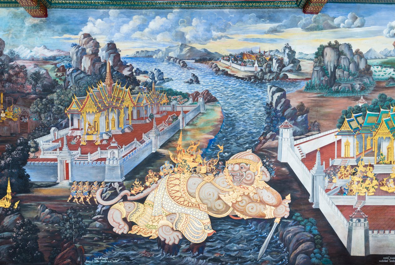 Wandgemälde mit Szenen aus dem Ramayana im Wat Phra Kaeo, dem Königlichen Großen Palast, Bangkok, Thailand von Thai School