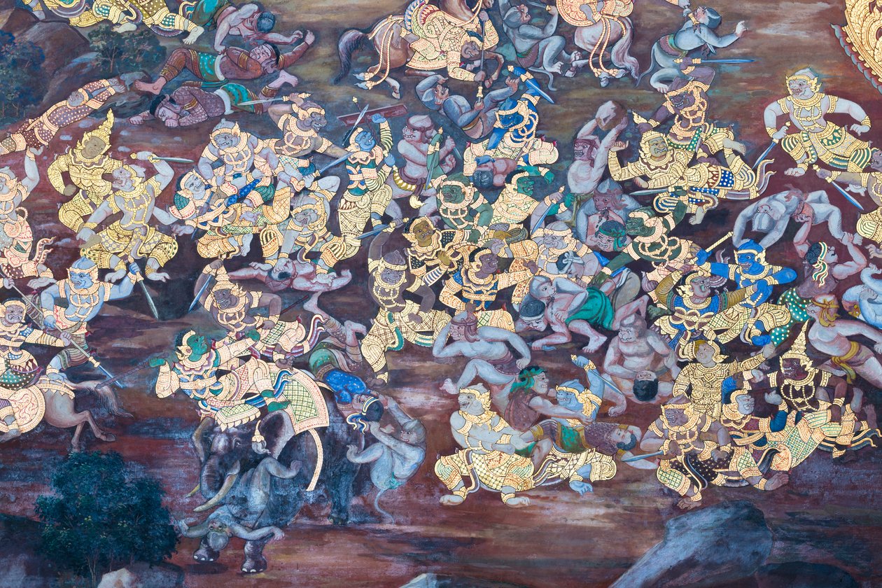 Wandgemälde mit Szenen aus dem Ramayana im Wat Phra Kaeo, dem Königlichen Großen Palast, Bangkok, Thailand von Thai School