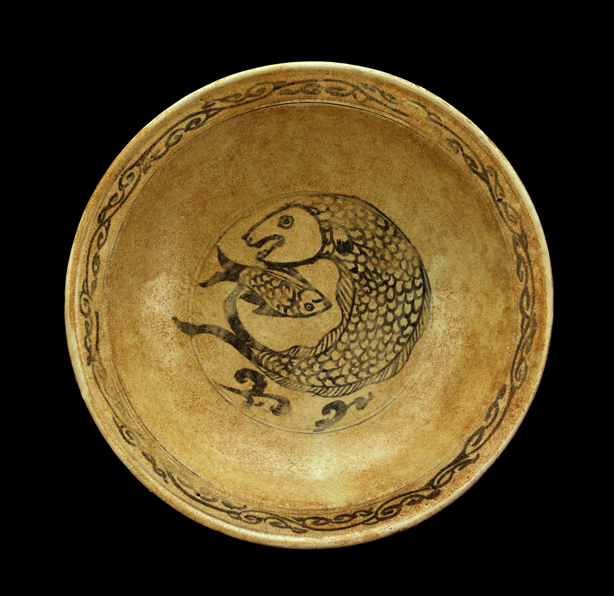 Steingutschale mit Fischmotiv, Sukhothai-Periode von Thai School