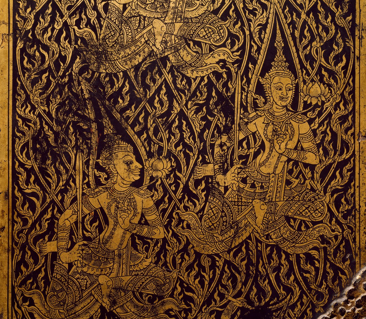 Kleiderschrank für Sutra, geschnitztes und lackiertes Holz, aus Bangkok, Thailand, Detail, thailändische Zivilisation, frühes 19. Jahrhundert von Thai School