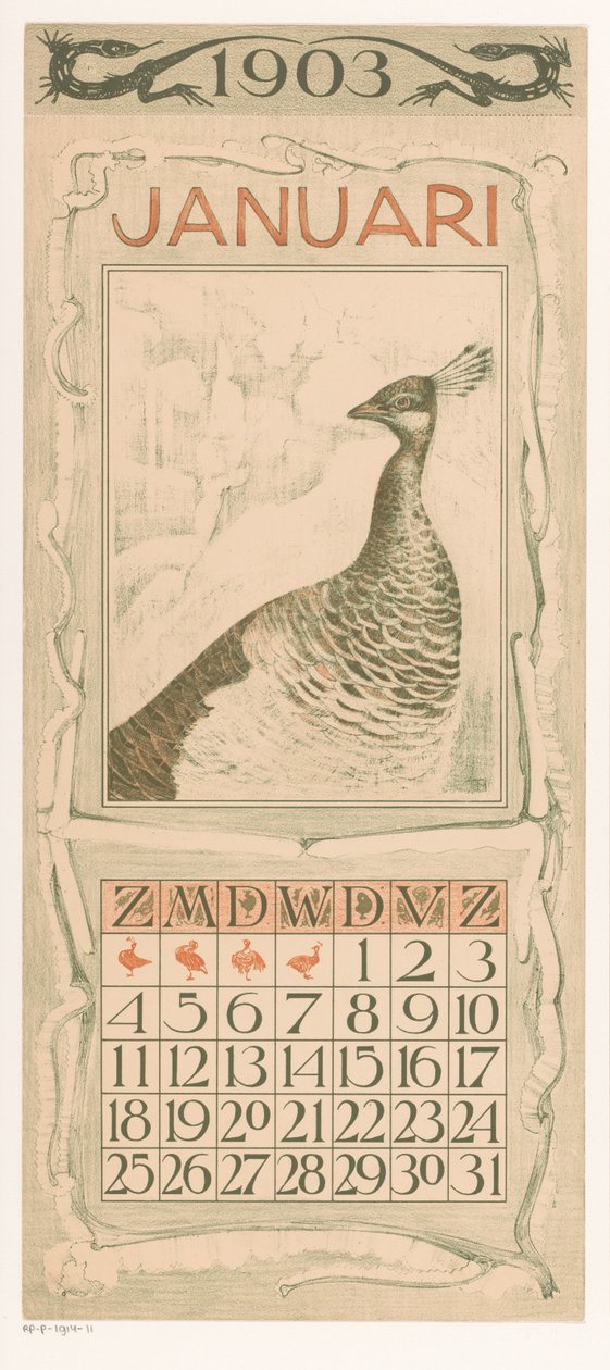 Kalenderblad Januar mit Pfau von Theo van Hoytema