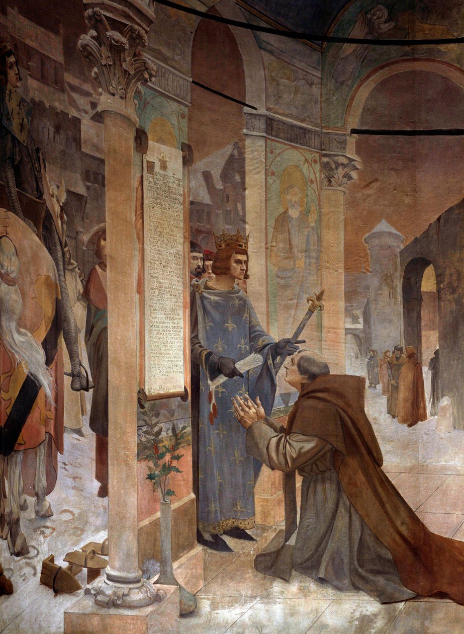 König Ludwig IX. (Saint Louis) (1214-1270) überreicht die Gründungsurkunde des College von Sorbonne an Robert de Sorbon (1201-1274) seinen Beichtvater im Jahr 1257. Gemälde von Theobald Chartran (1849-1907) Paris, La Sorbonne von Theobald Chartran