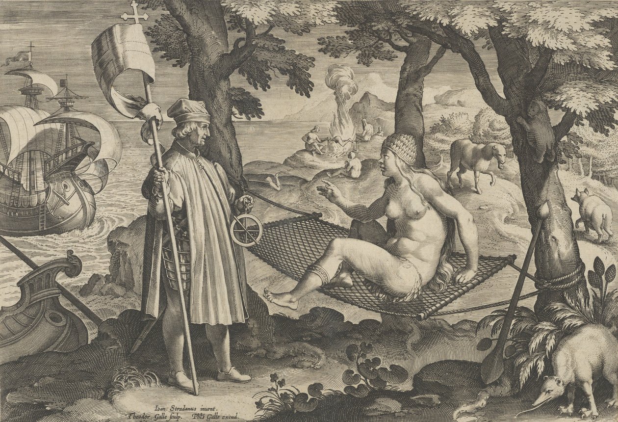 Neue Erfindungen der Neuzeit [Nova Reperta], Die Entdeckung Amerikas, Platte 1, ca. 1600 von Theodoor Galle