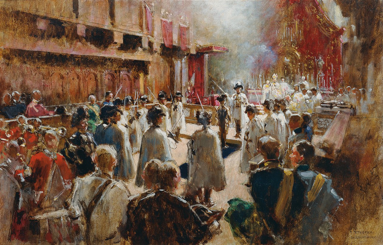 Der Ritterschlag des Grafen Boos-Waldeck durch den Großmeister des Deutschen Ritterordens Erzherzog Eugen in der Hofkirche in Innsbruck von Theodor Josef Ethofer
