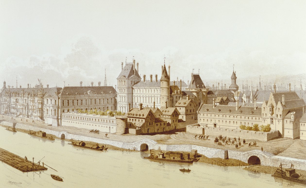 Der Louvre und das Hôtel du Petit-Bourbon im Jahr 1622 während der Herrschaft von Ludwig XIII., 1885 von Theodor Josef Hubert Hoffbauer