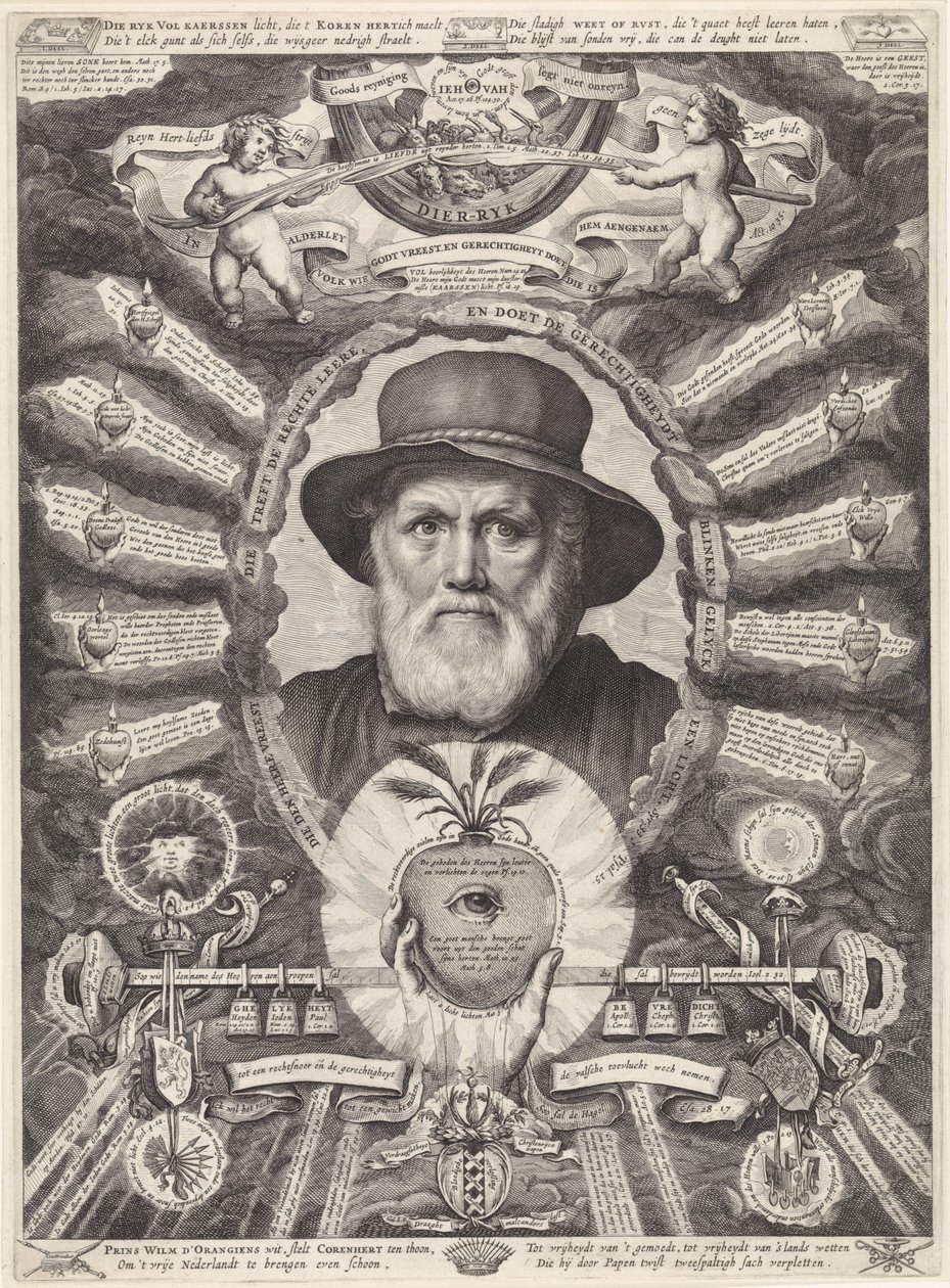Porträt von Dirck Volckertsz. Coornhert in allegorischem Rahmen von Theodor Matham