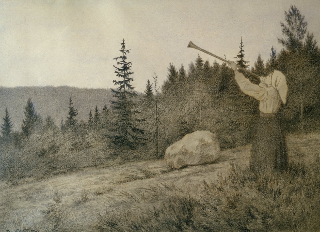 Oben unter dem Berg klingt ein Holzblasinstrument von Theodor Kittelsen