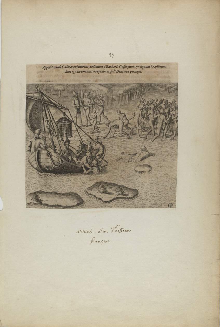 Appellit navis gallicai: qui inerant, redimunt a barbaris gossip pium... (aus dem Buch, Americae, Teil drei) von Theodor de Bry