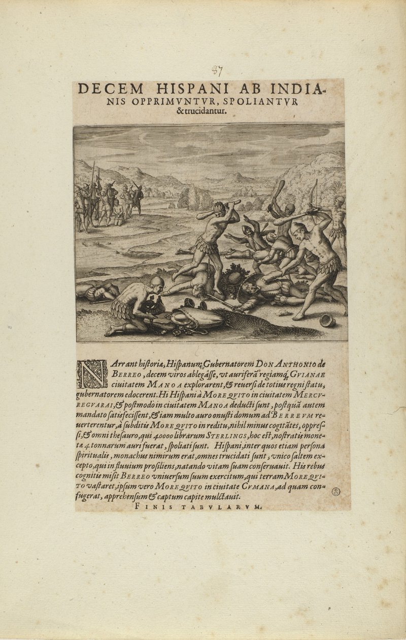 Zehn Spanier werden von Indianern überwältigt, beraubt und getötet. (aus dem Buch, Americae, Teile sieben und acht) von Theodor de Bry