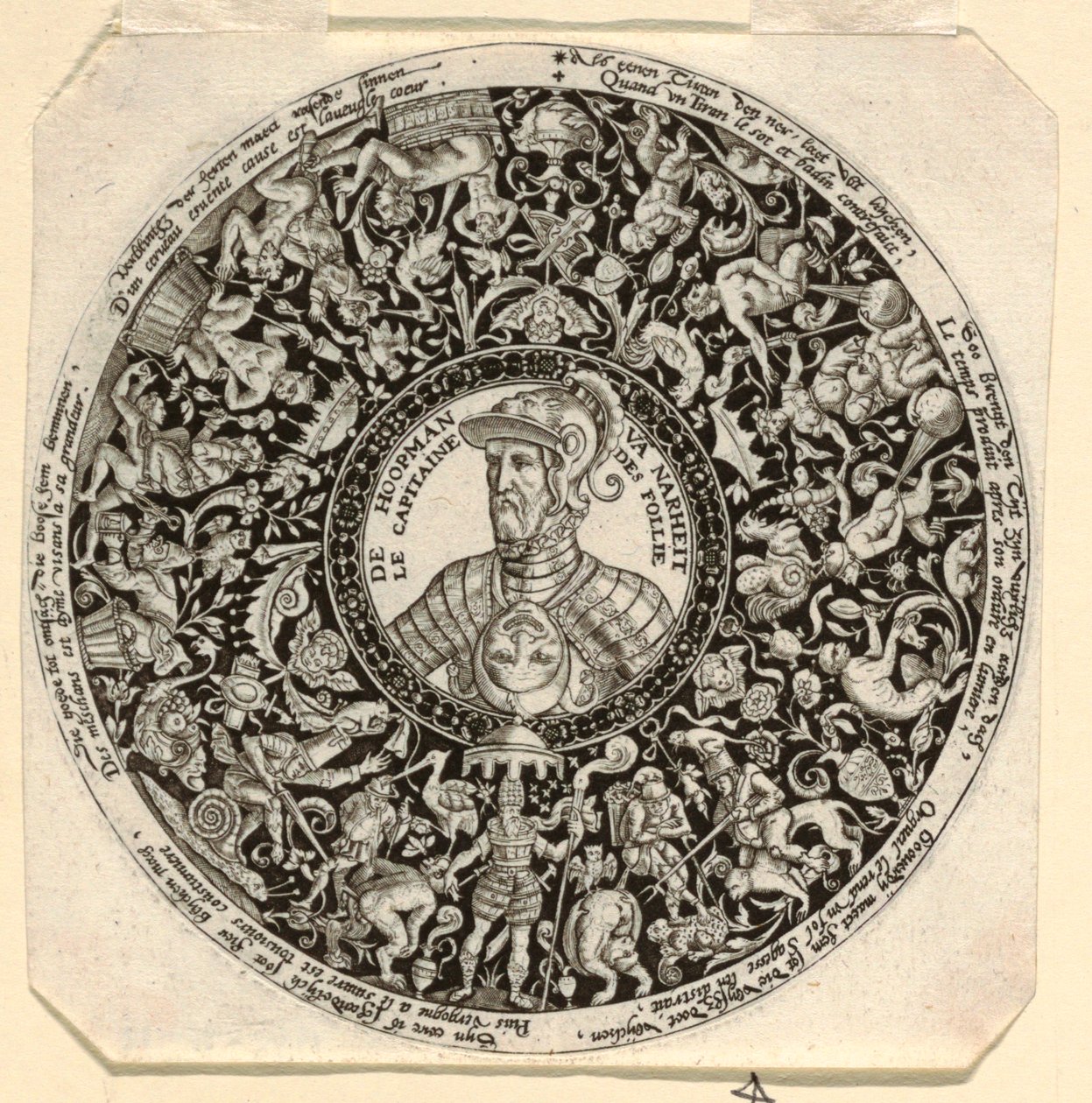 Entwurf für eine gravierte Tazza mit einem Porträt des Herzogs von Alba als Kommandant der Torheit von Theodor de Bry