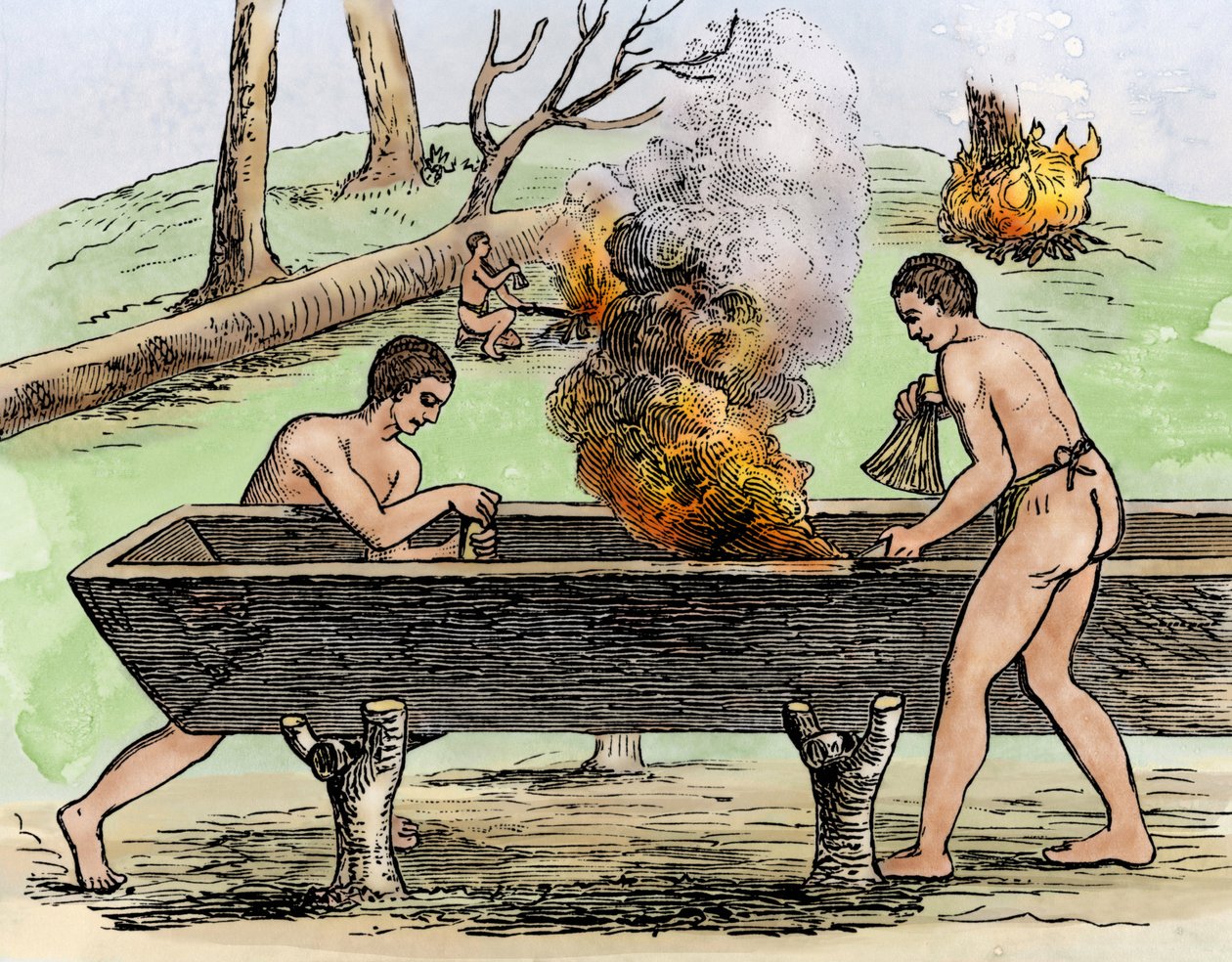 Indianer machen ein Kanu, zeigen den Stamm eines Baumes durch Feuer und graben mit Herbettes. Gravur 1590 von Theodore De Bry, farbenfroh 19. Jahrhundert. von Theodor de Bry