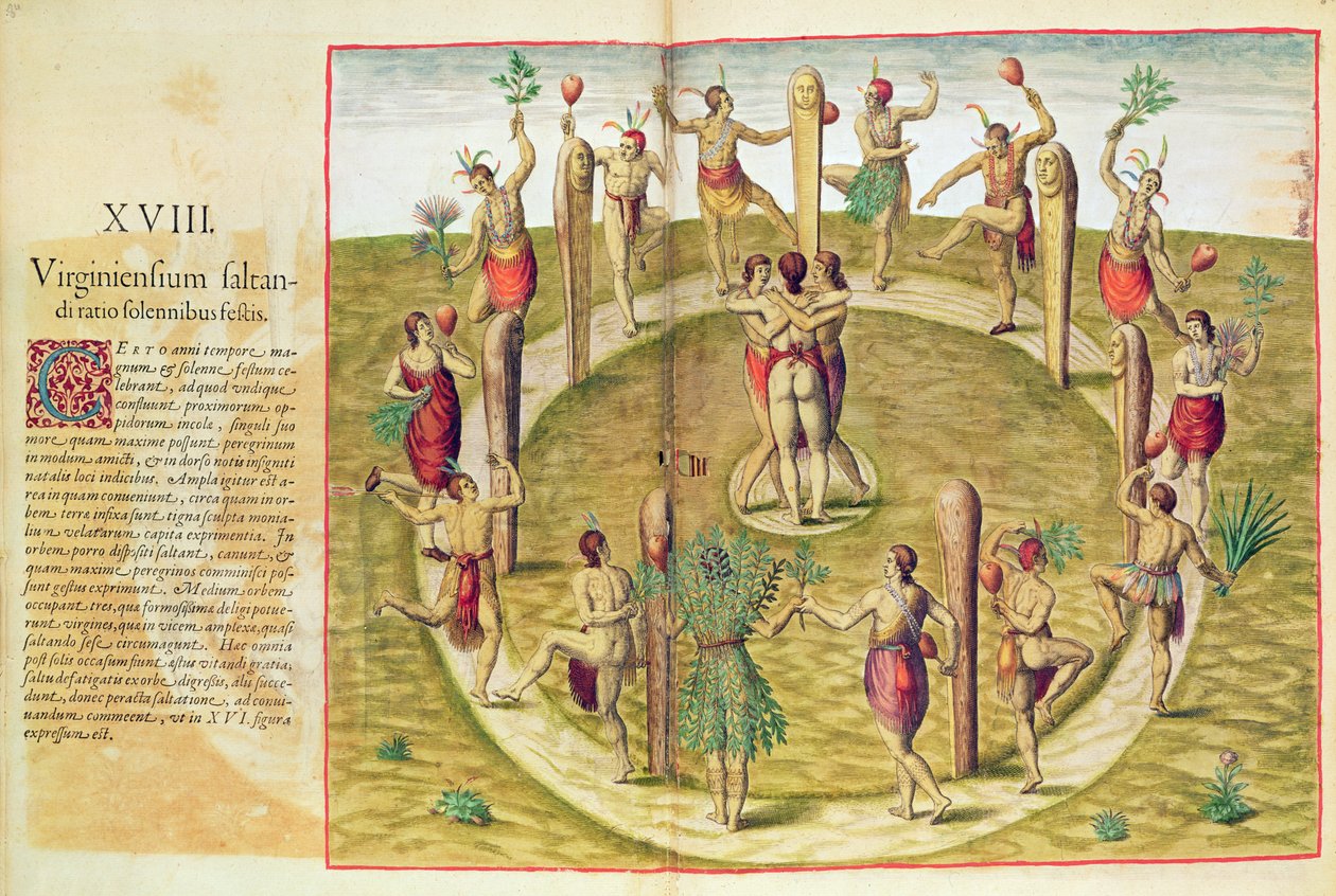 Admiranta Narratio, Der Virginische Ritualtanz der Freundschaft (Seite 85), 1585-88 von Theodore de Bry