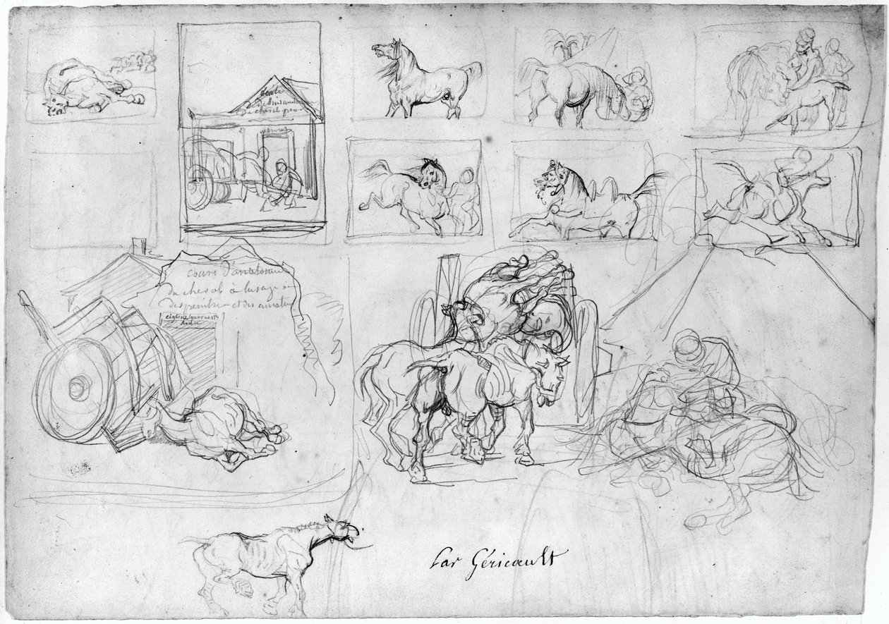 Studie von Pferden (recto); Ein Wagen gefolgt von einem Schildträger (verso) von Theodore Gericault