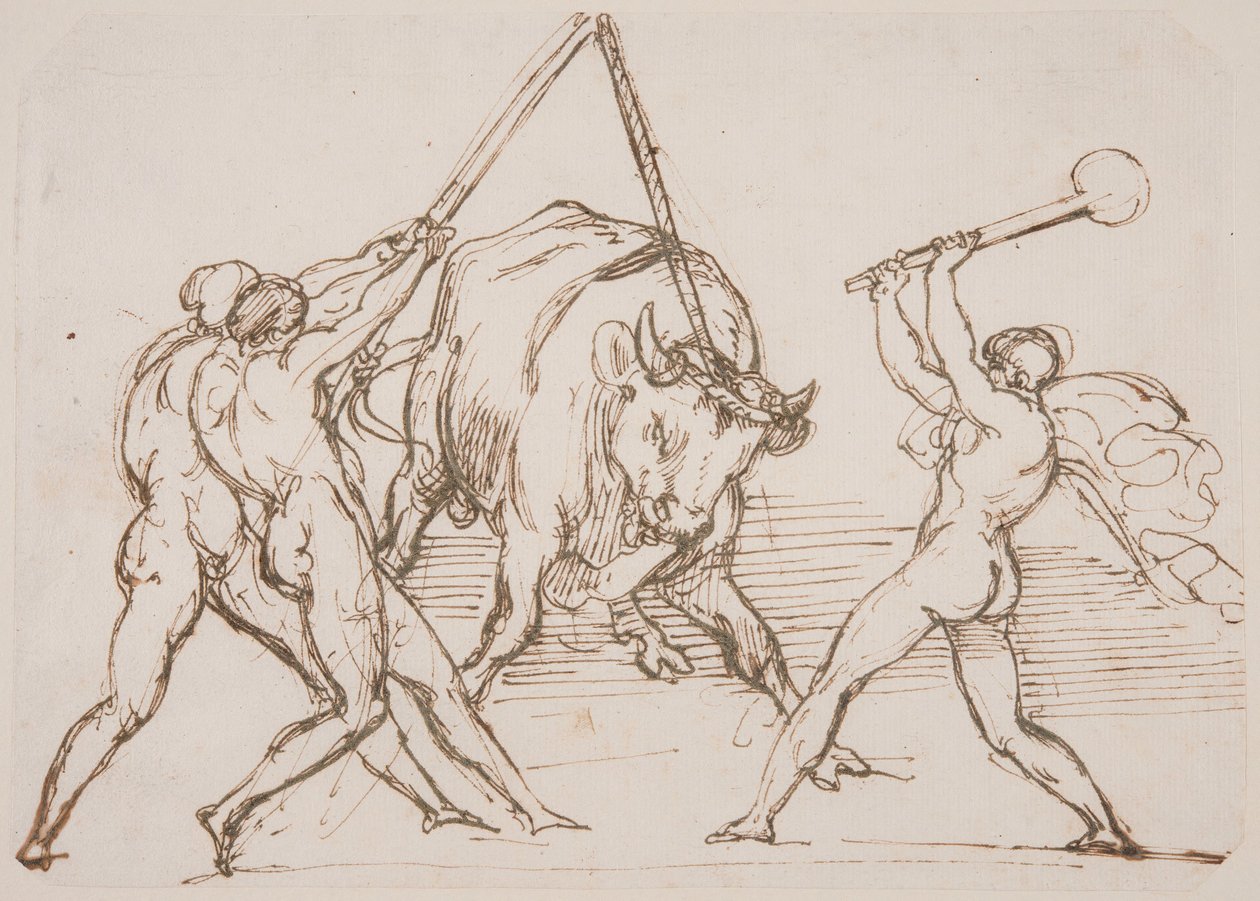 Drei Männer, die einen Stier verspotten von Theodore Gericault