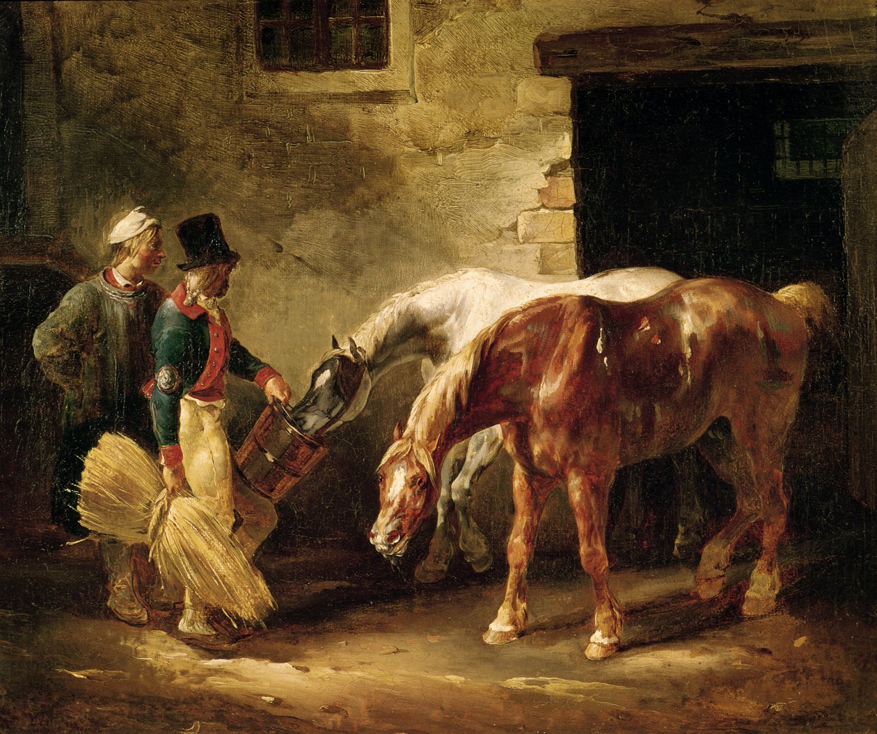 Zwei Postpferde vor einem Stall von Theodore Gericault
