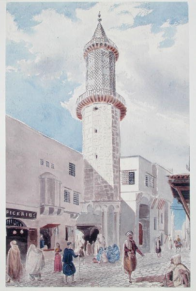 Das Minarett der Moschee in der Rue de Chartres und Rue Bab-Azoun, Algier von Theodore Leblanc