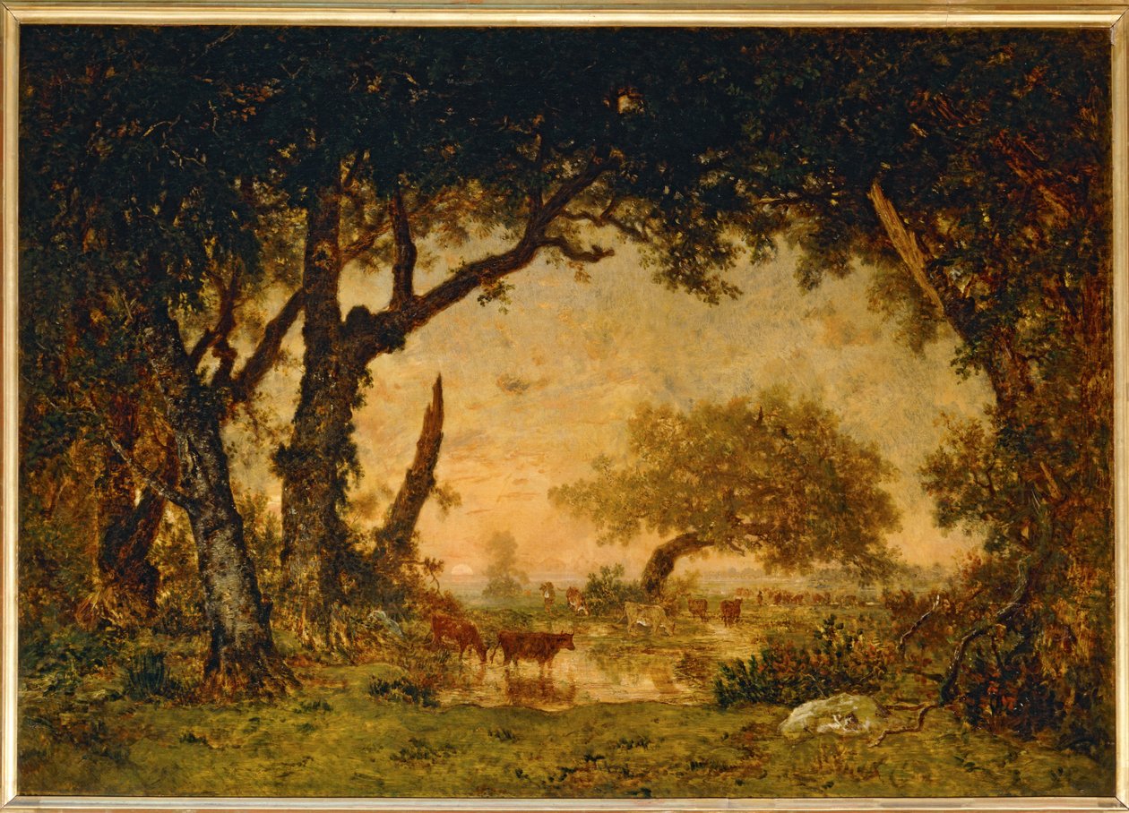 Ausgang aus dem Wald in Fontainebleau, Sonnenuntergang von Theodore Rousseau