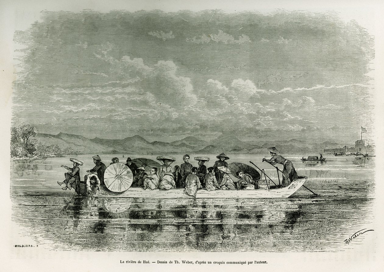 Ein Boot auf dem Fluss von Hue (Vietnam), Zeichnung von Th. Weber, um die Geschichte von acht Tagen Botschaft in Hue (Königreich Annam) in 1875 von Herrn Brossard de Corbigny, Leutnant (N), der Mission zugeordnet, zu illustrieren. Gravur in Le tour du mond von Theodore Weber
