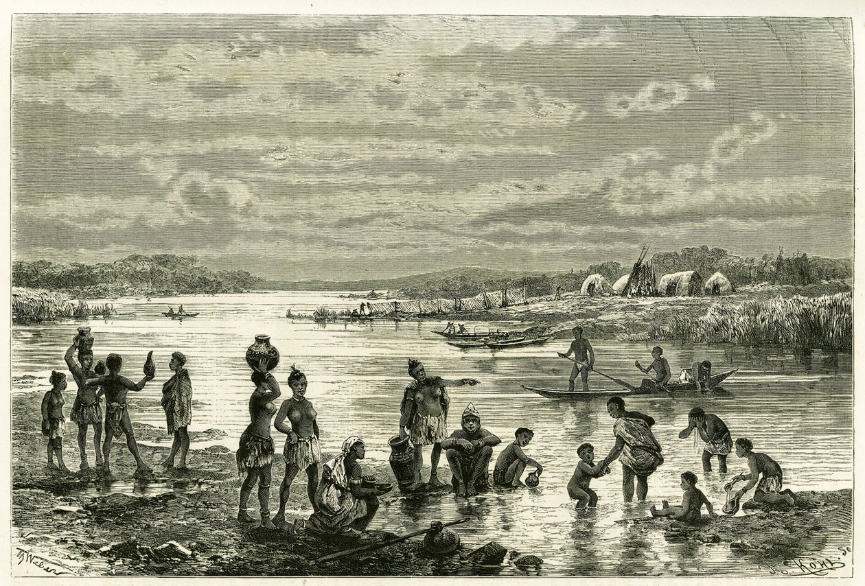 Leben am Ufer des Sambesi-Flusses, die Marutses legen großen Wert auf Sauberkeit und Waschen ist für sie eine Notwendigkeit. Gravur von Th. Weber zur Illustration der Geschichte „Au pays des Marutses“ in den Jahren 1875-1879 von Dr. Emile Holub von Theodore Weber