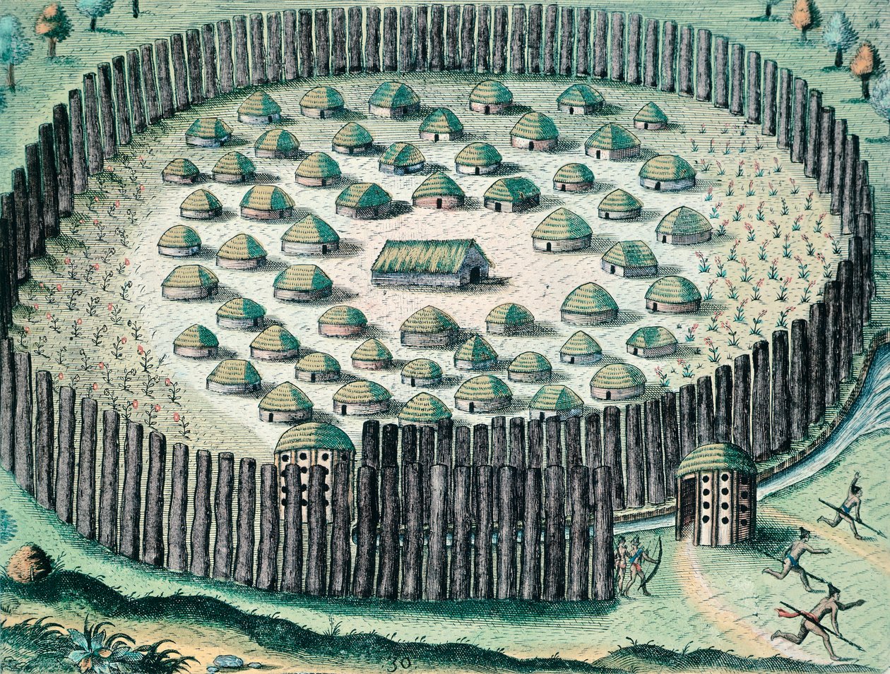Ein befestigtes Indianerdorf, Illustration aus The Discourse of Florida, von Theodore de Bry, Gravur von Theodore de Bry
