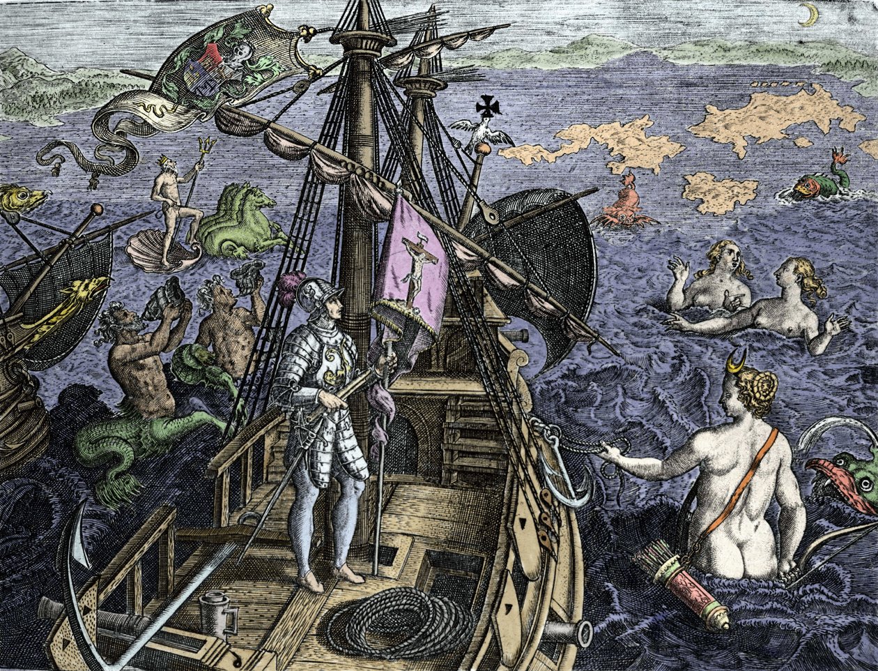 Allegorie der Reisen von Christoph Kolumbus (1451-1506), Gravur aus „Historia Americae sive Novi Orbis“ von Theodor de Bry (1527-1598), Amsterdam 1594 von Theodore de Bry