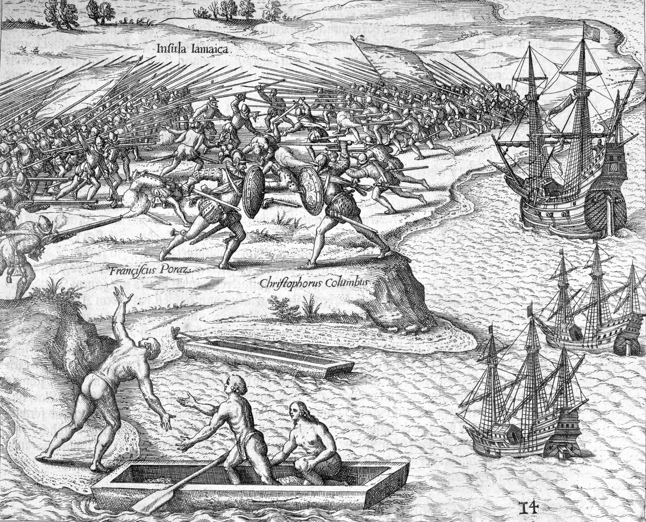 Schlacht in Jamaika zwischen Christoph Kolumbus und Francisco Poraz, 1504 von Theodore de Bry