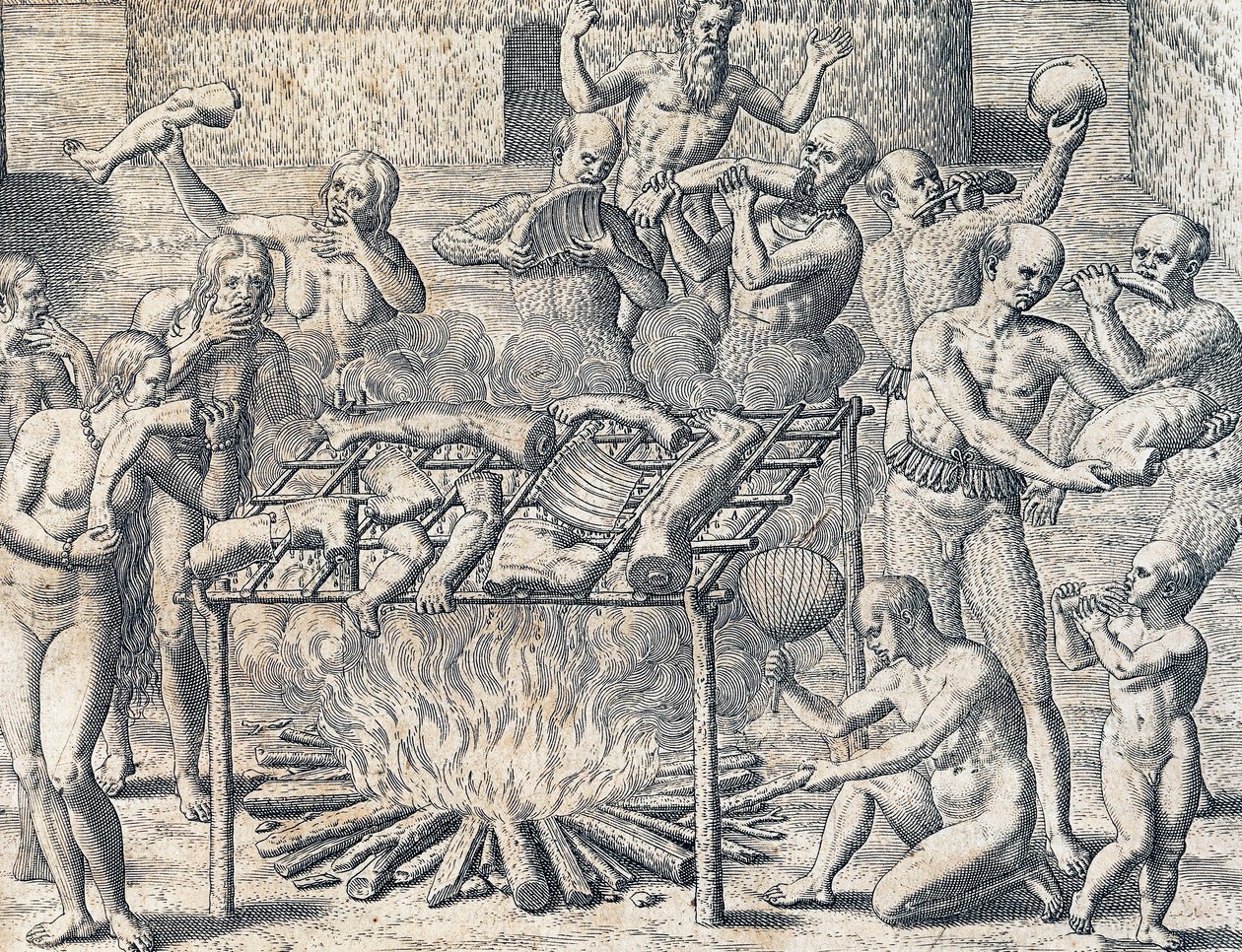Kannibalismus von Stämmen im Inneren Brasiliens, Gravur aus der Amerikanischen Geschichte von Theodor de Bry von Theodore de Bry